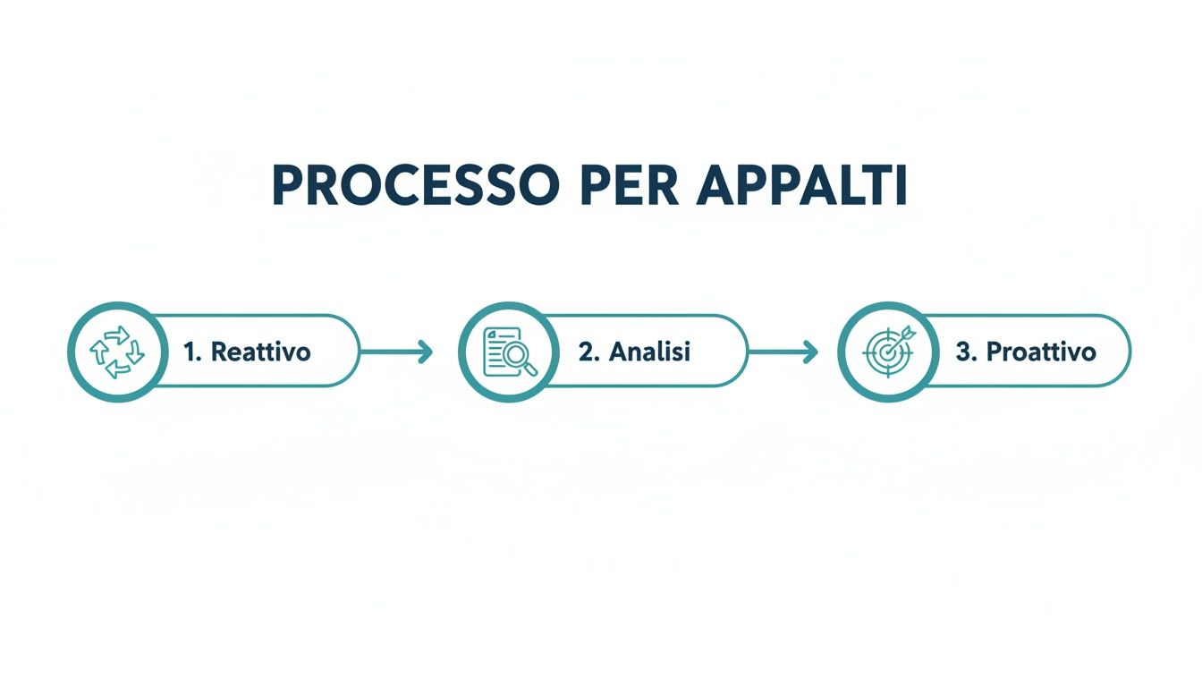 Diagramma di flusso che illustra il processo per gli appalti in tre fasi: reattivo, analisi e proattivo.