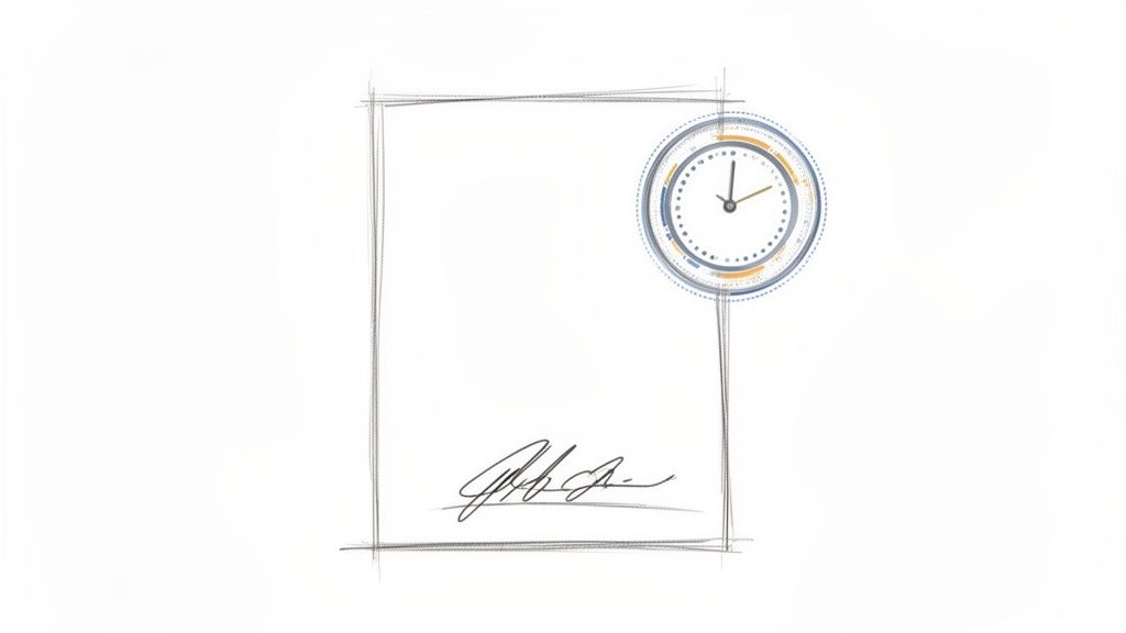 Cornice stilizzata di documento con firma e orologio, simbolo di marcatura temporale.