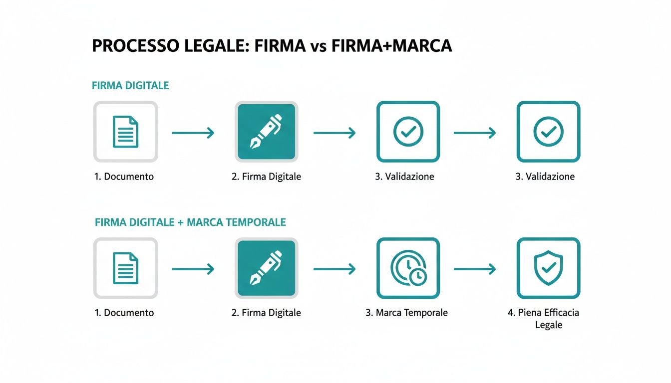 Processo legale con firma digitale vs firma digitale e marca temporale, illustrando i passaggi chiave.