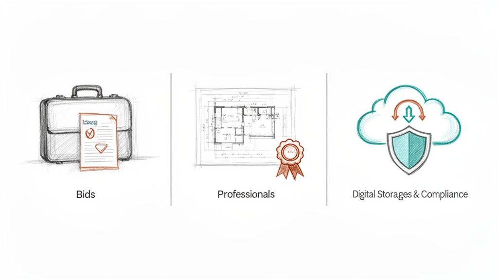 Icone che rappresentano gare d'appalto, professionisti qualificati e archiviazione digitale conforme con cloud e scudo.