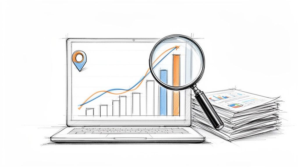 Illustrazione di un portatile con grafici di crescita, lente d'ingrandimento e pile di documenti. Rappresenta l'analisi e la ricerca di dati.