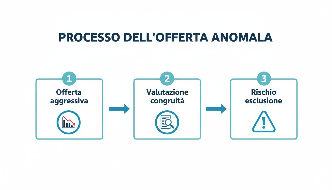 Diagramma di flusso che illustra il processo dell'offerta anomala, dalla proposta aggressiva alla valutazione di congruità e al rischio di esclusione.