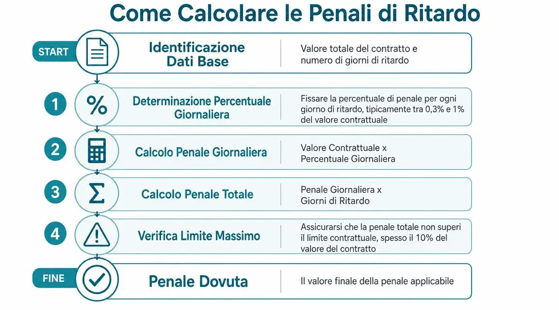 Infografica che mostra la procedura passo dopo passo per il calcolo delle penali di ritardo contrattuali.
