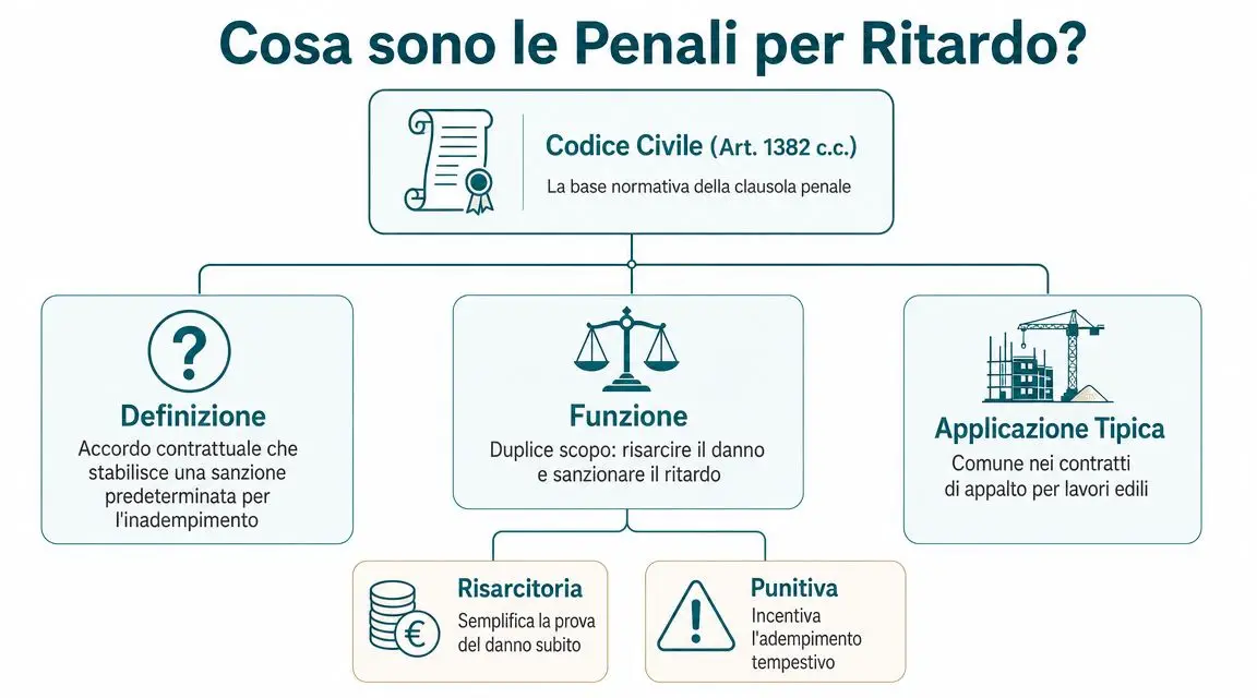 Infografica che spiega il concetto di penali per ritardo, citando il Codice Civile e le loro funzioni.