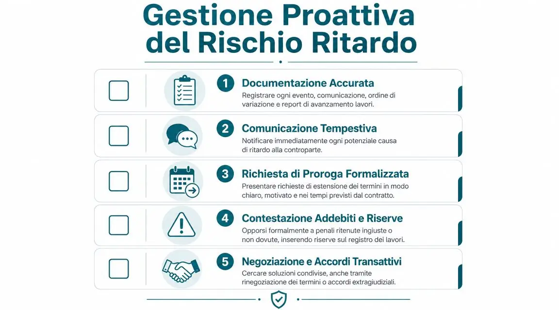Infografica sulla gestione proattiva del rischio ritardo nelle opere, con cinque passaggi fondamentali per evitare controversie.