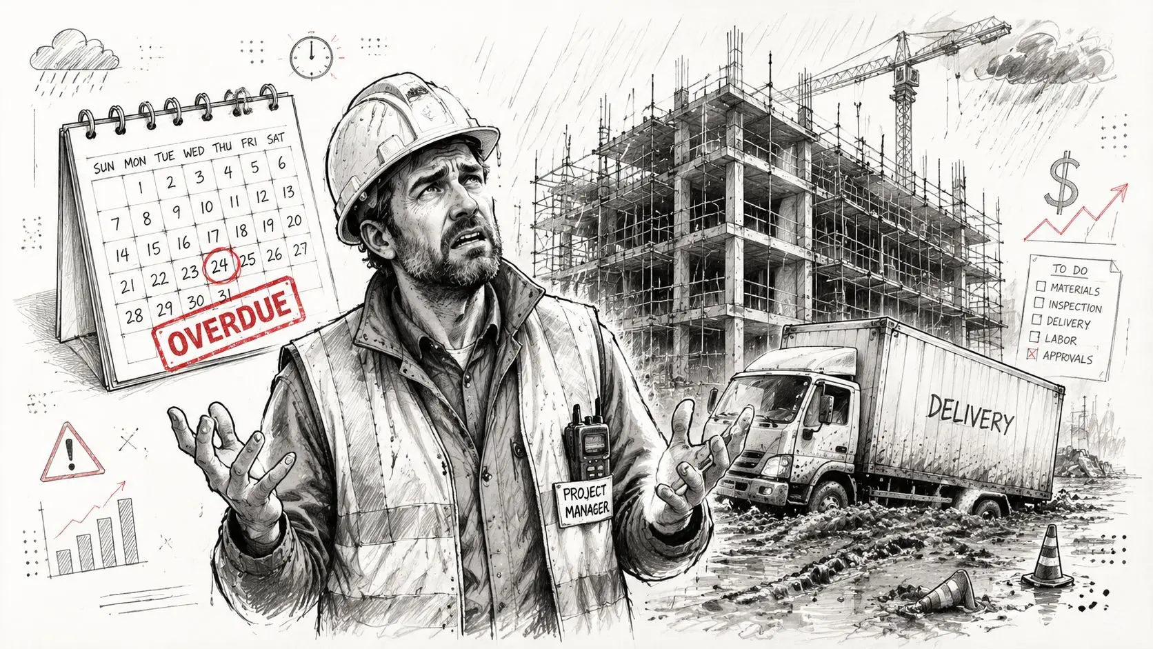Un project manager edile preoccupato davanti a un cantiere bloccato con un calendario che indica un ritardo.