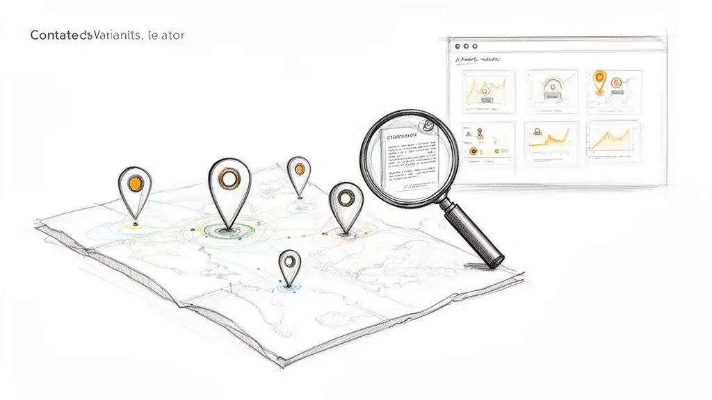 Illustrazione stilizzata di una mappa con pin di posizione, lente d'ingrandimento e dashboard di dati geografici.
