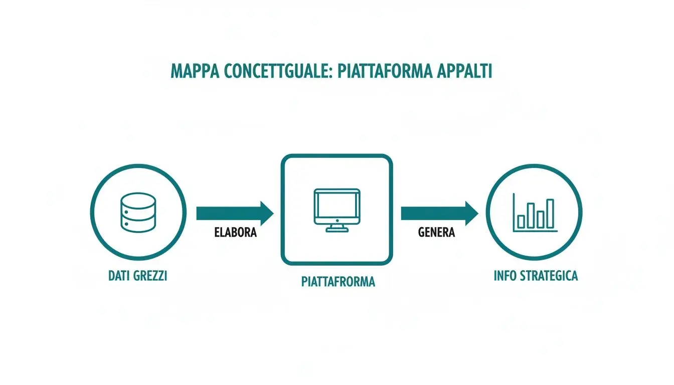 Mappa concettuale che illustra il flusso di dati dalla fonte grezza all'informazione strategica tramite una piattaforma appalti.