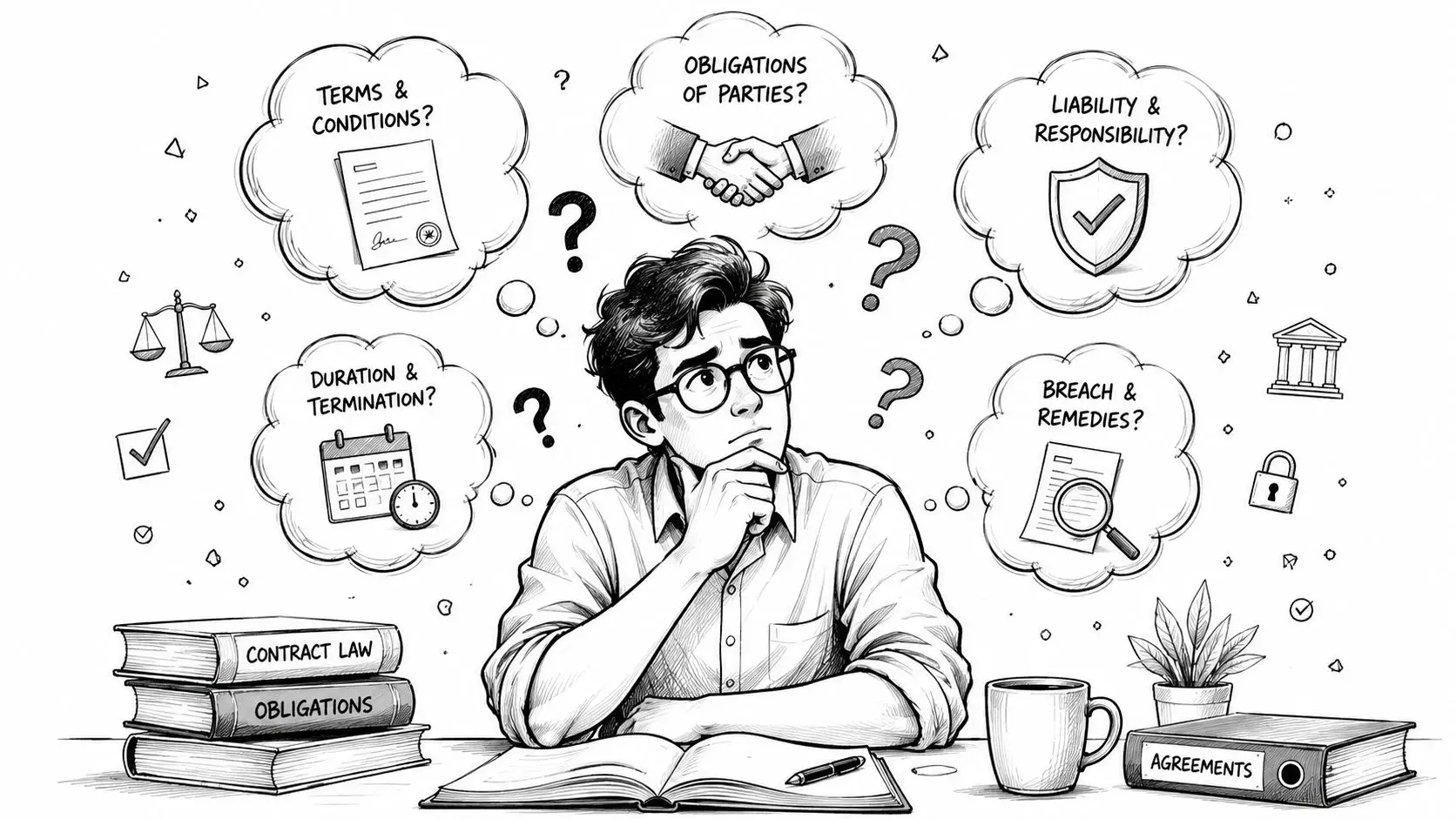 Una persona pensierosa circondata da icone e fumetti di pensiero riguardanti contratti, obblighi legali e responsabilità contrattuali.