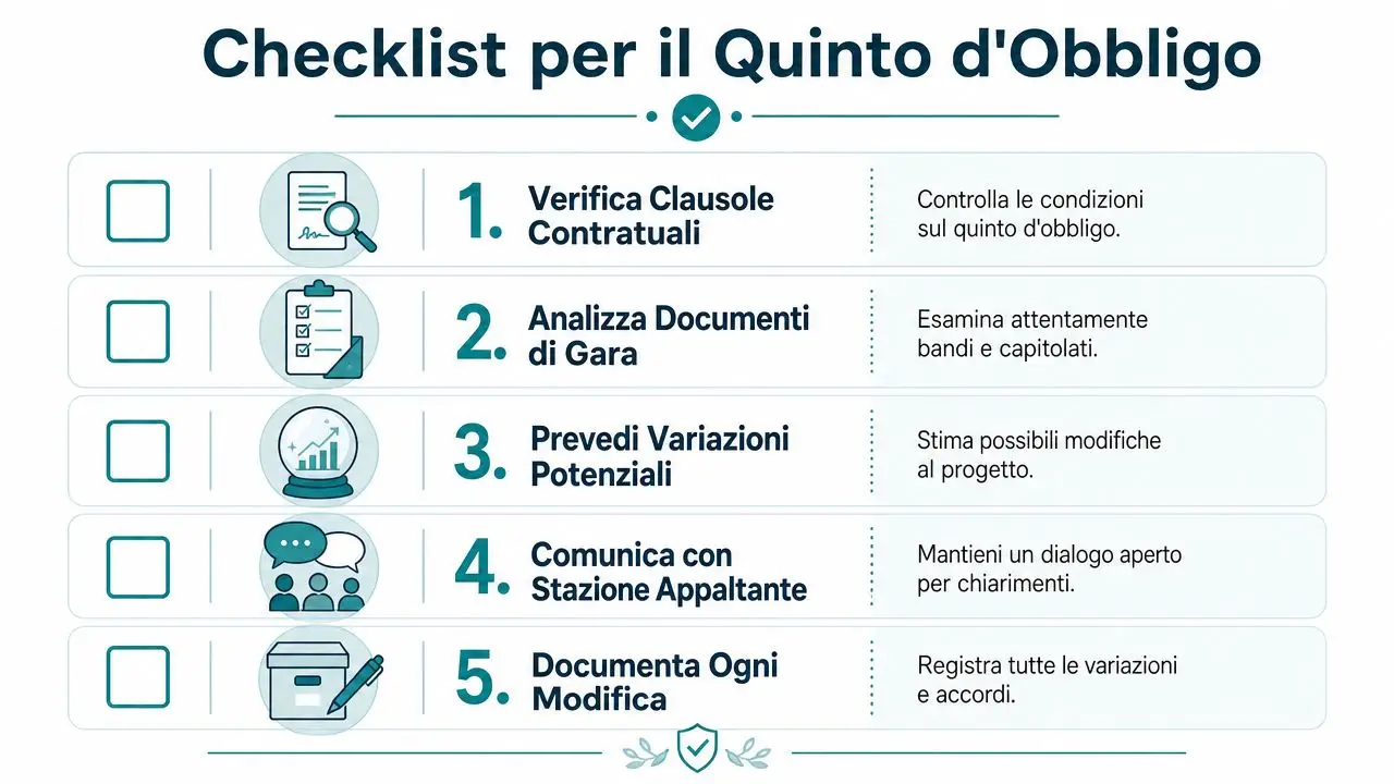 Una checklist infografica intitolata Checklist per il Quinto d'Obbligo che illustra cinque passaggi chiave per la gestione contrattuale.