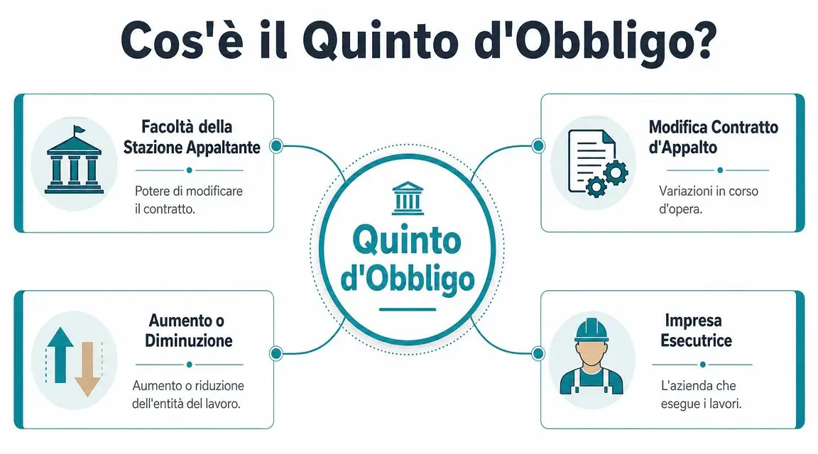 Infografica che spiega il concetto di Quinto d'Obbligo negli appalti pubblici, evidenziando le variazioni contrattuali.