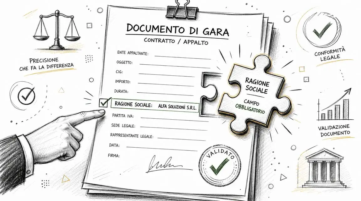 Un documento di gara compilato con il campo ragione sociale evidenziato e un simbolo di puzzle abbinato.