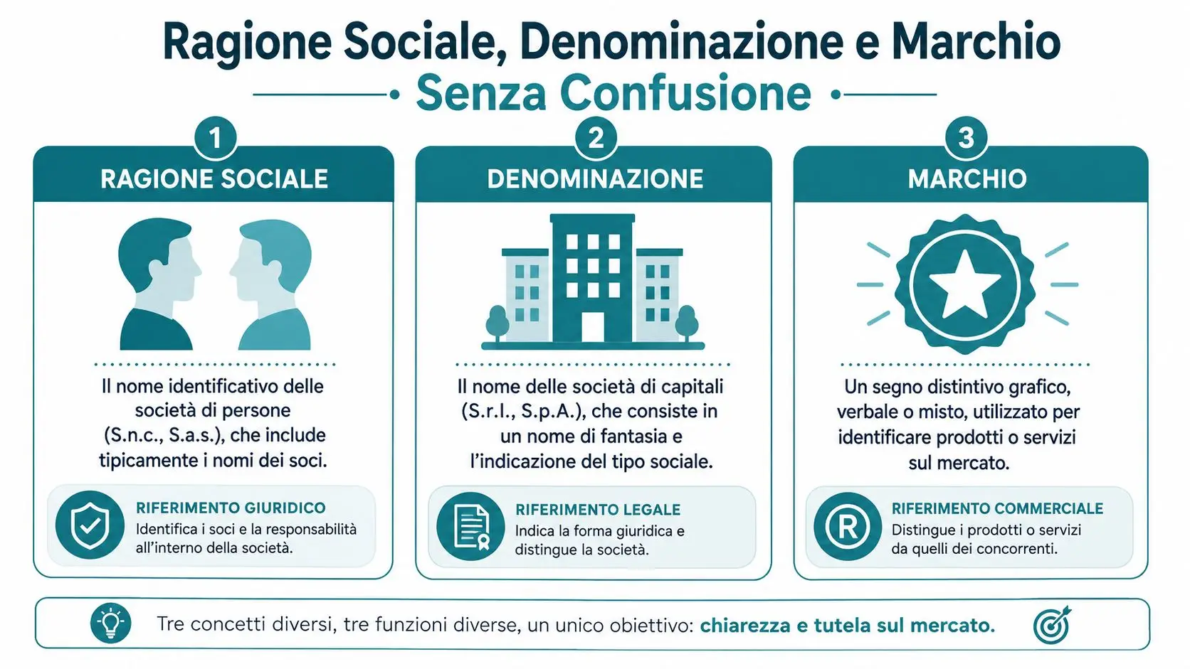 Infografica che spiega le differenze tra ragione sociale, denominazione e marchio per le imprese italiane.