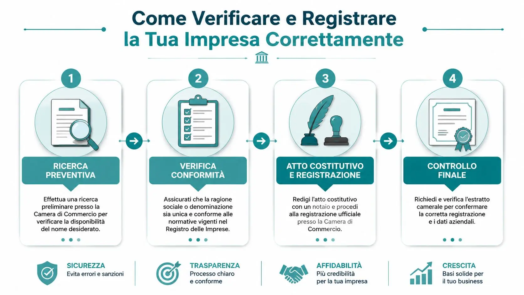 Infografica che illustra i quattro passaggi per verificare e registrare correttamente la ragione sociale della propria impresa.