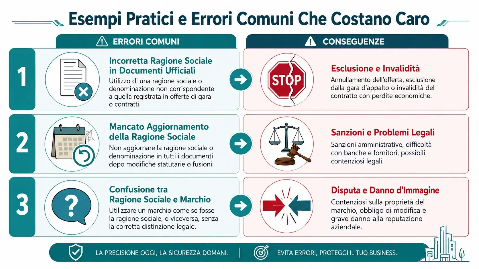 Infografica informativa sugli errori comuni relativi alla gestione della ragione sociale e le relative conseguenze legali.