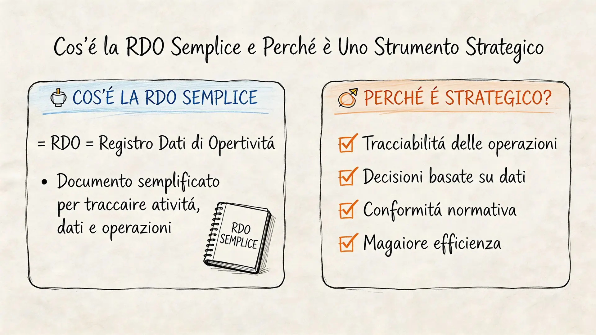 Infografica illustrata che spiega il significato di RDO Semplice e i vantaggi strategici del suo utilizzo aziendale.