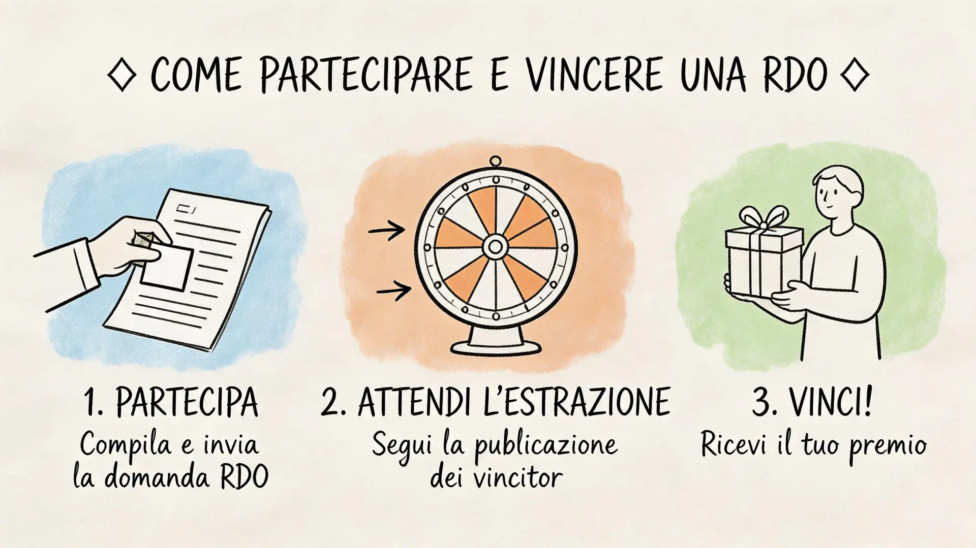 Tre passaggi illustrati su come partecipare, attendere l'estrazione e vincere un premio con una RDO MePA.