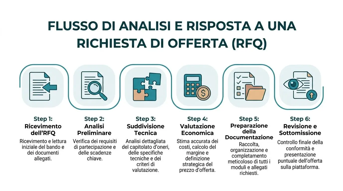 Schema del flusso di lavoro per l'analisi e la risposta professionale a una richiesta di offerta RFQ.