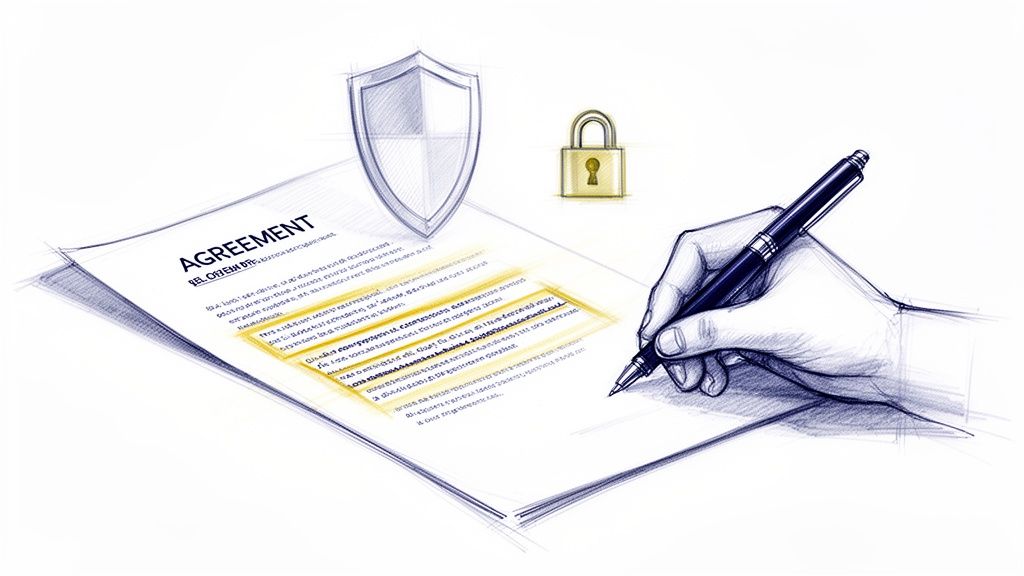 Mano che firma un contratto di accordo con penna, affiancata da uno scudo e un lucchetto, simbolo di sicurezza e protezione.
