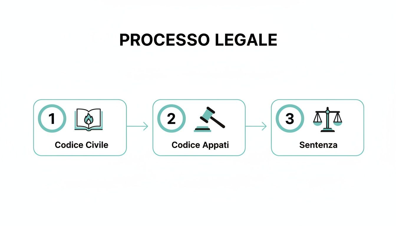 Flusso di processo legale che illustra le fasi dal codice civile e appalti alla sentenza.
