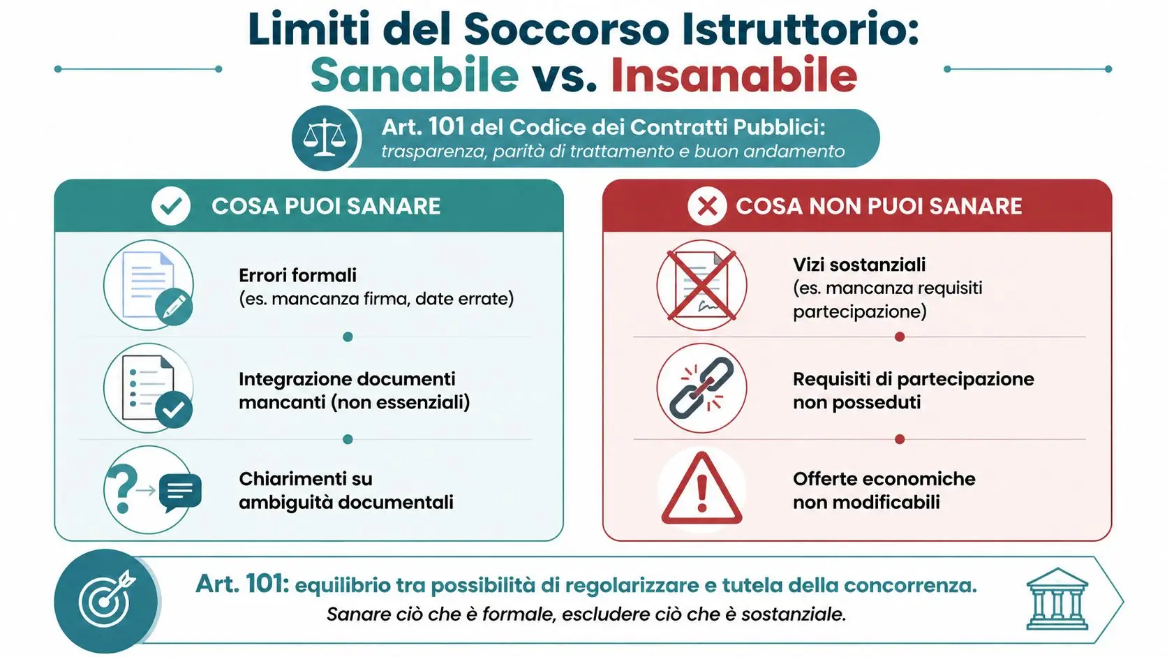 Infografica sui limiti del soccorso istruttorio secondo l'art. 101 del Codice dei Contratti Pubblici tra sanabile e insanabile.