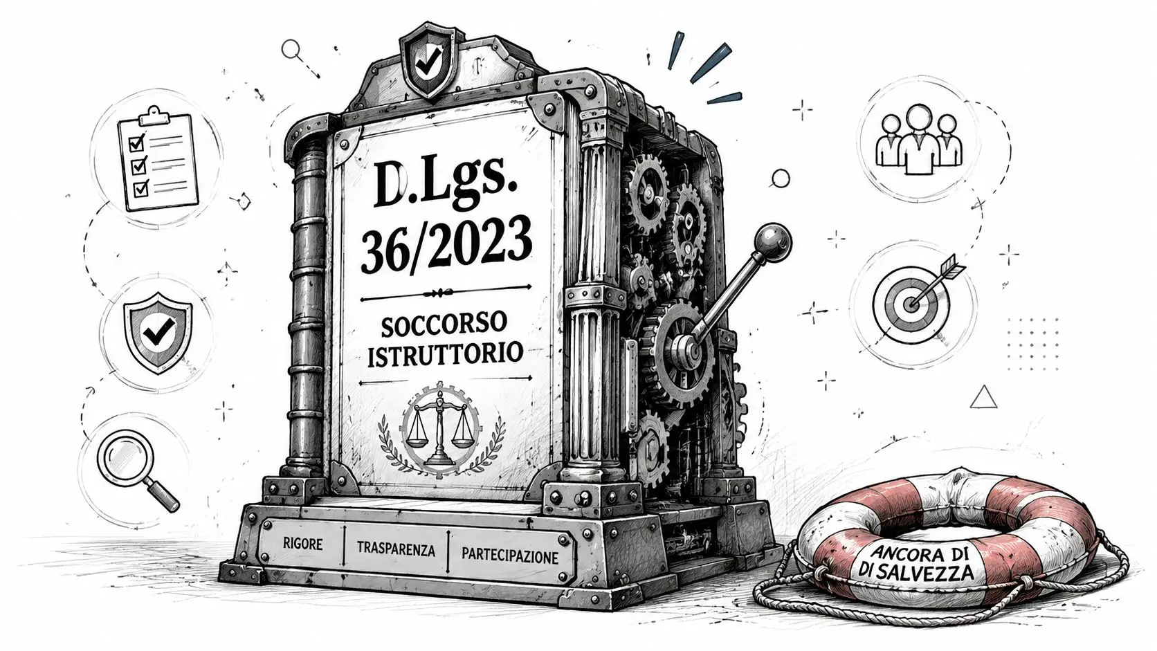 Rappresentazione grafica stilizzata del D.Lgs. 36/2023 incentrata sul soccorso istruttorio come strumento di trasparenza e partecipazione.