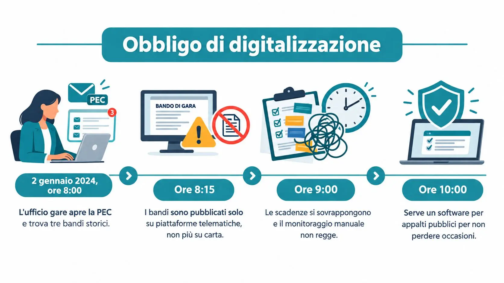 Infografica sull'obbligo di digitalizzazione degli appalti pubblici con tappe temporali dal 2 gennaio 2024.