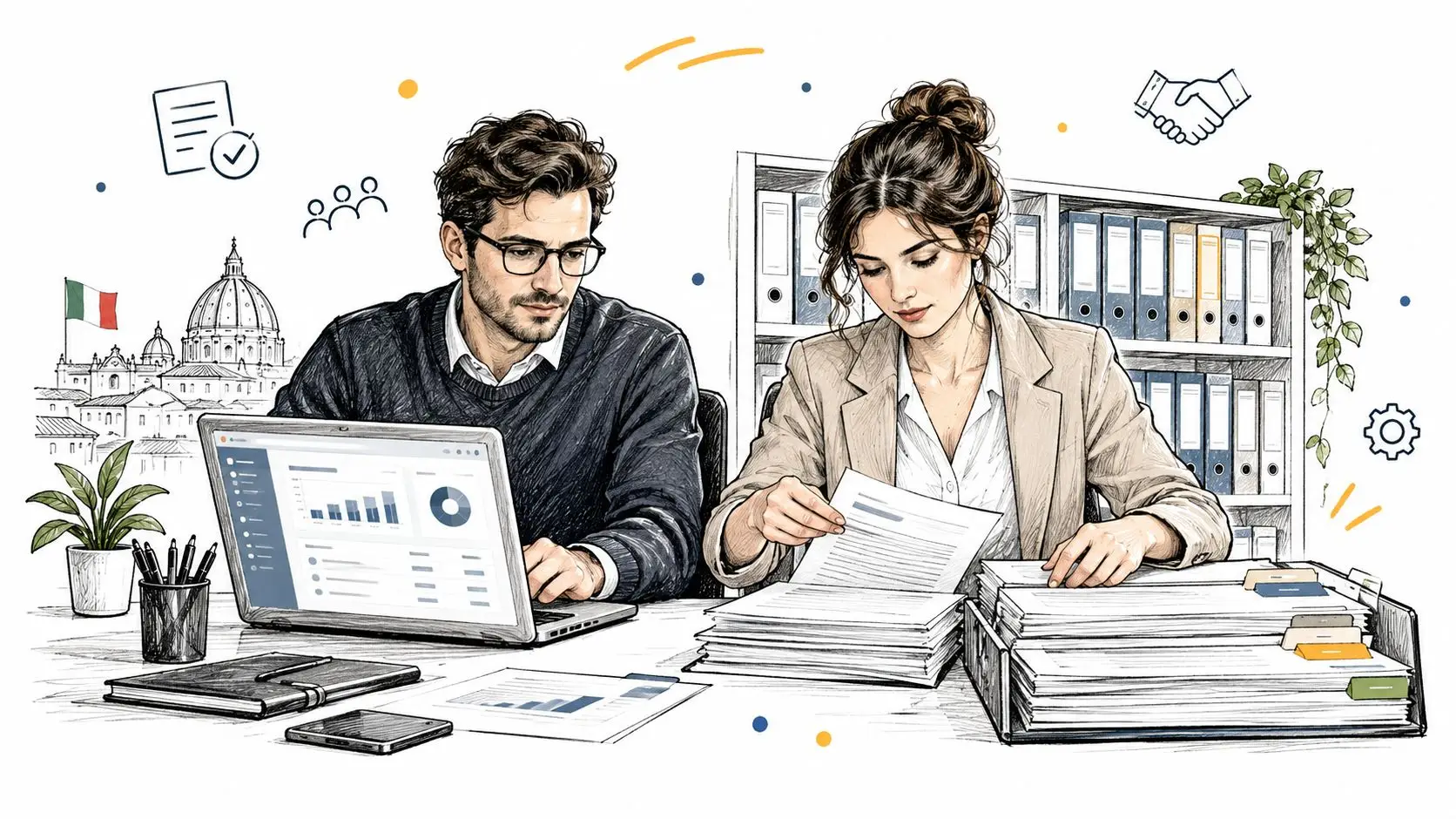 Professionisti lavorano insieme su una pratica di appalti pubblici con computer, documenti e una vista su Roma.