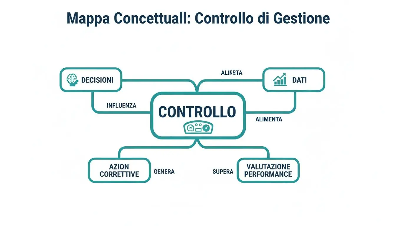 Mappa concettuale del Controllo di Gestione, che evidenzia i legami tra dati, decisioni, azioni correttive e valutazione delle performance.