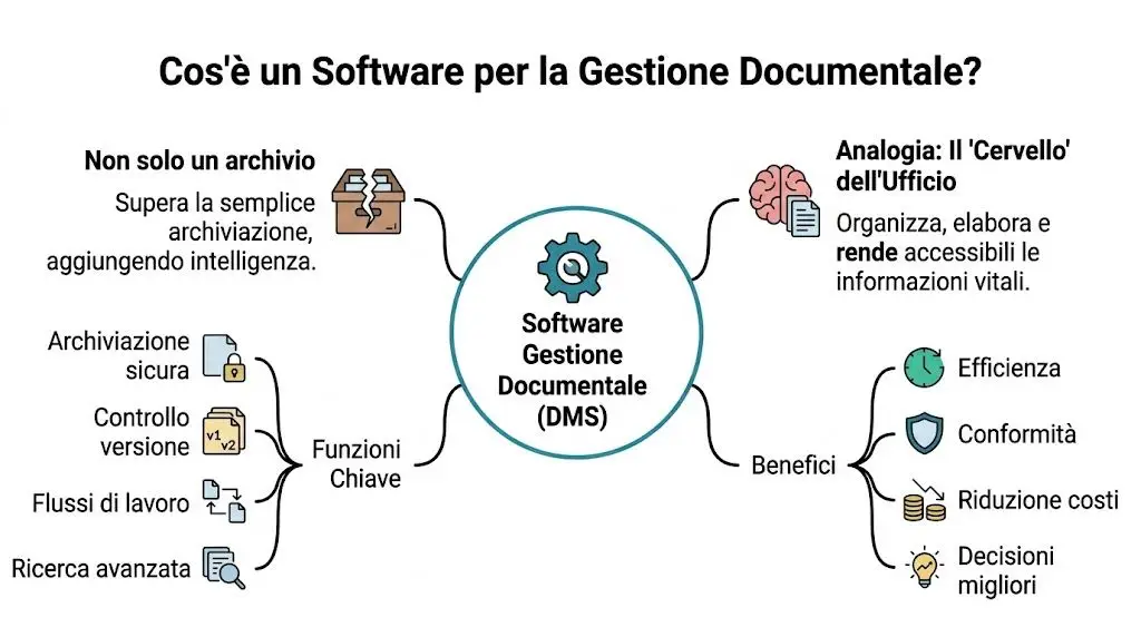 Diagramma infografico che spiega le funzioni, i benefici e il concetto di software per la gestione documentale DMS.