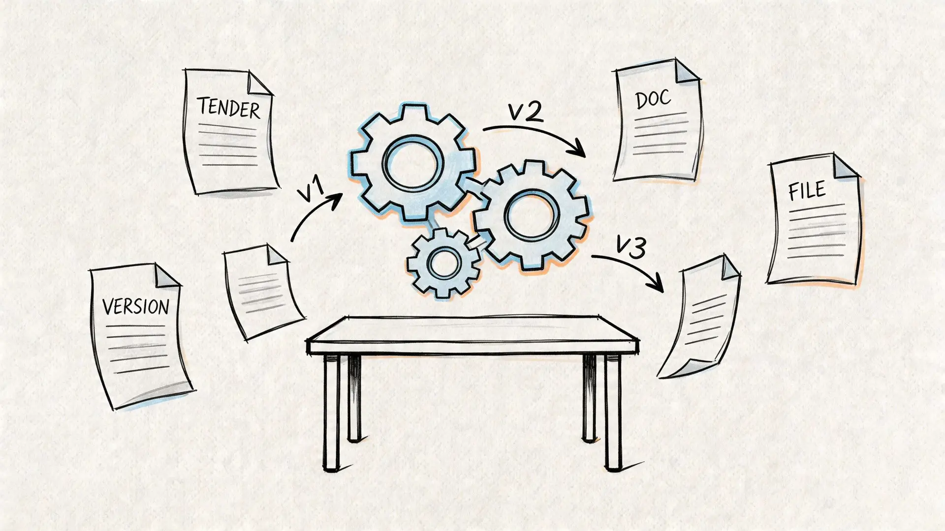 Illustrazione concettuale che mostra il processo di gestione documentale tramite ingranaggi, documenti e versioni su un tavolo.