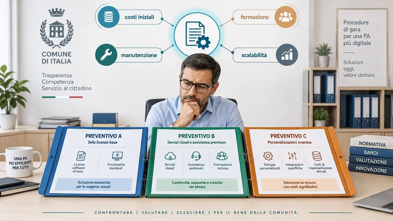 Un professionista analizza diverse opzioni di preventivi software per una pubblica amministrazione più digitale ed efficiente.