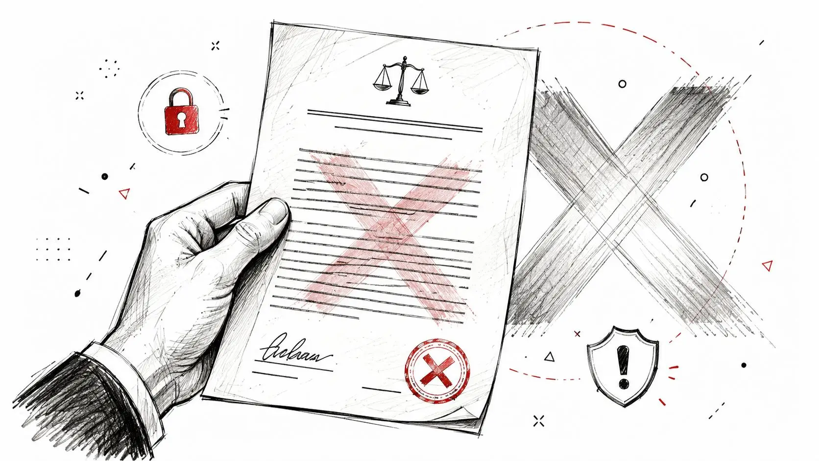 Mano che tiene un documento legale annullato con una grande X rossa, simboleggiando divieti o revoche.