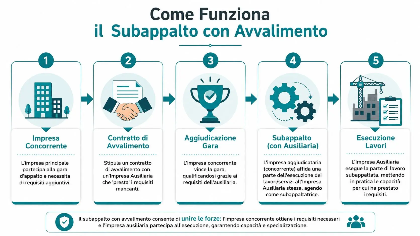 Infografica che illustra in cinque passaggi il funzionamento del processo di subappalto con avvalimento negli appalti pubblici.