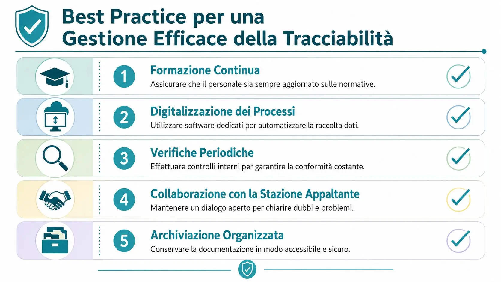 Infografica con cinque best practice per una gestione efficace della tracciabilità in ambito aziendale o professionale.