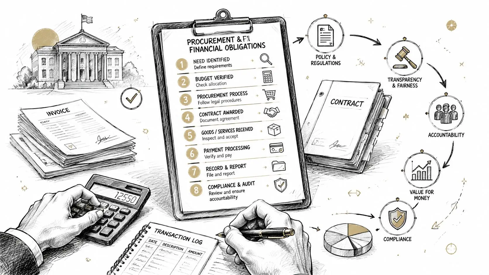 Un diagramma illustrato che spiega il processo di approvvigionamento e degli obblighi finanziari con icone e icone