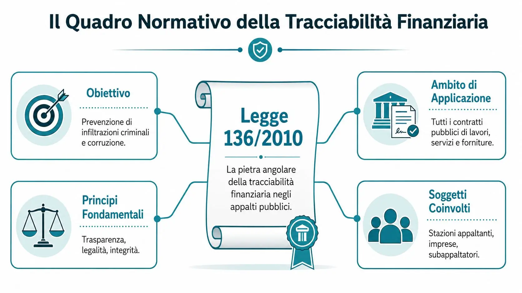 Infografica sul quadro normativo della Legge 136/2010 riguardante la tracciabilità dei flussi finanziari negli appalti pubblici italiani.