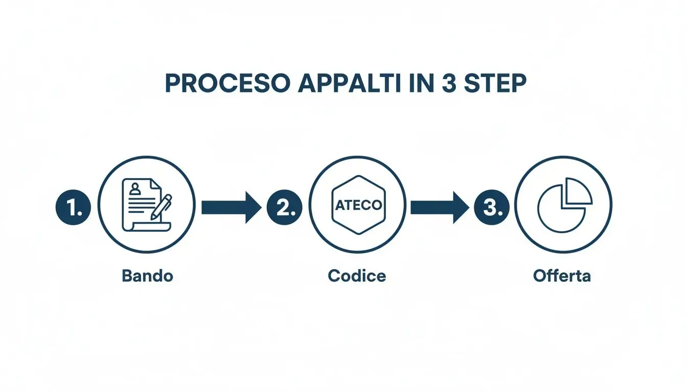 Diagramma di flusso che illustra il processo degli appalti in 3 fasi: Bando, Codice ATECO e Offerta.