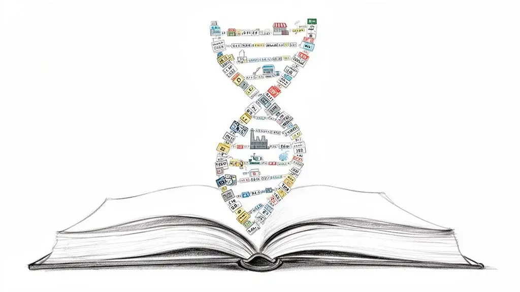 Libro aperto con doppia elica di DNA formata da icone aziendali e codici che ne emergono.