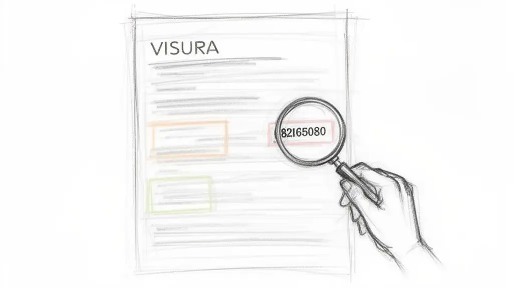 Mano che tiene una lente d'ingrandimento su un documento 'VISURA', ingrandendo il numero 82165080.