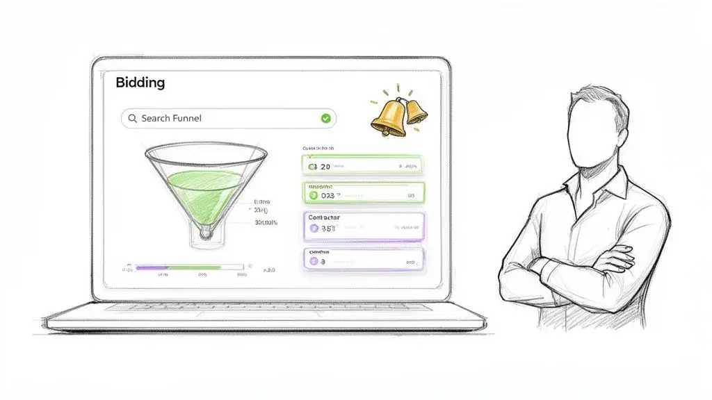 Schizzo di un laptop che mostra un'interfaccia di gara d'appalto con imbuto, metriche e campanelle, accanto a un uomo stilizzato.