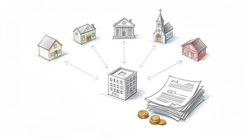 Edificio centrale collegato tramite frecce a diverse strutture (case, banca, chiesa) con documenti e monete.