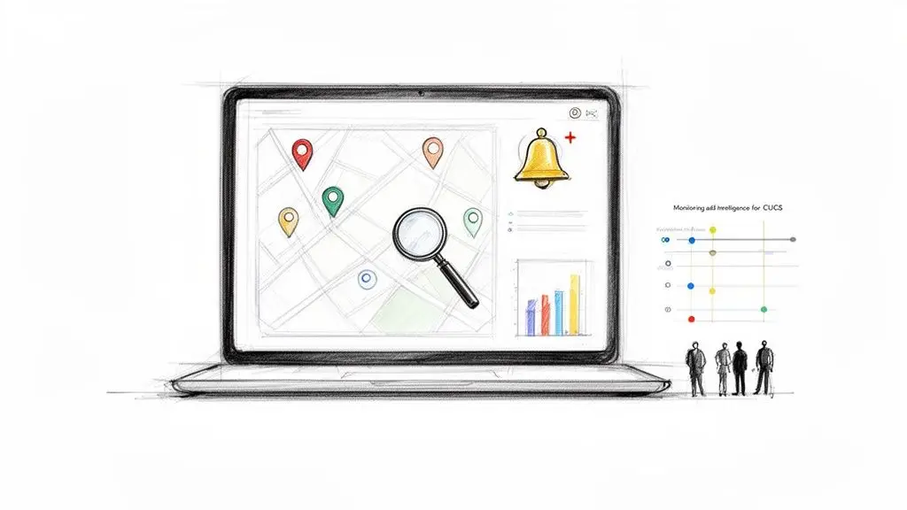 Schizzo di un laptop con mappa, segnaposto, lente d'ingrandimento e grafici per il monitoraggio. Figure aziendali a lato.
