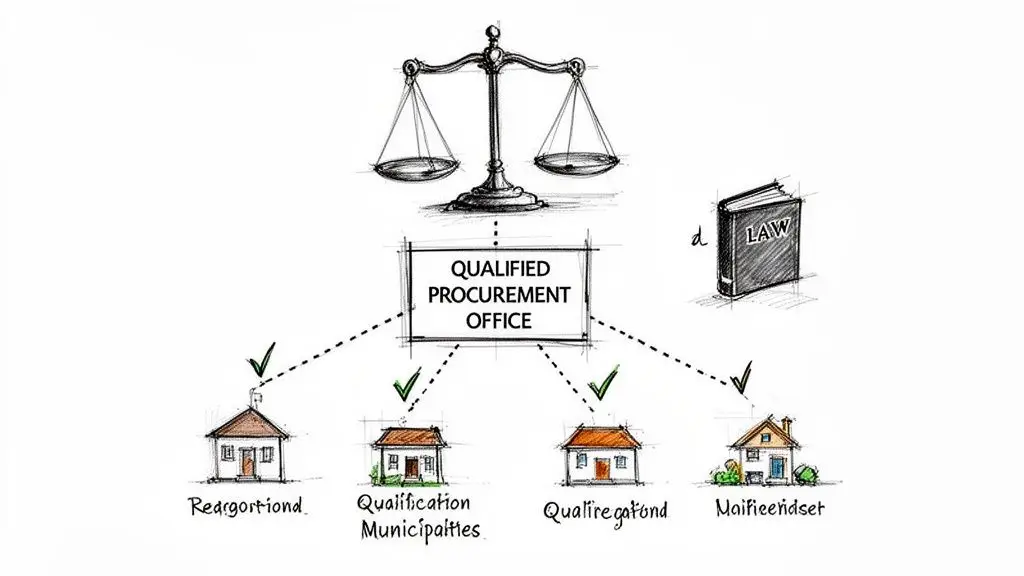 Diagramma che illustra l'ufficio appalti qualificato, la giustizia, la legge e diverse entità municipali.