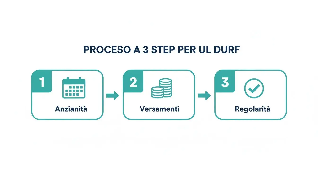Schema grafico che illustra il processo a 3 fasi per il DURF: anzianità, versamenti e regolarità.
