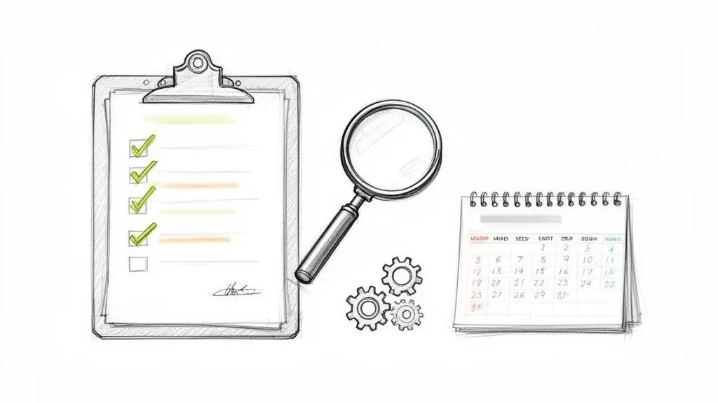 Illustrazione di una checklist per requisiti, lente d'ingrandimento, ingranaggi e calendario per pianificazione e controllo.