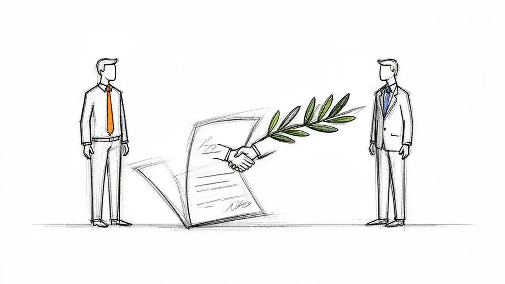 Illustrazione di due uomini d'affari che osservano un contratto, con una stretta di mano e un ramoscello d'ulivo.