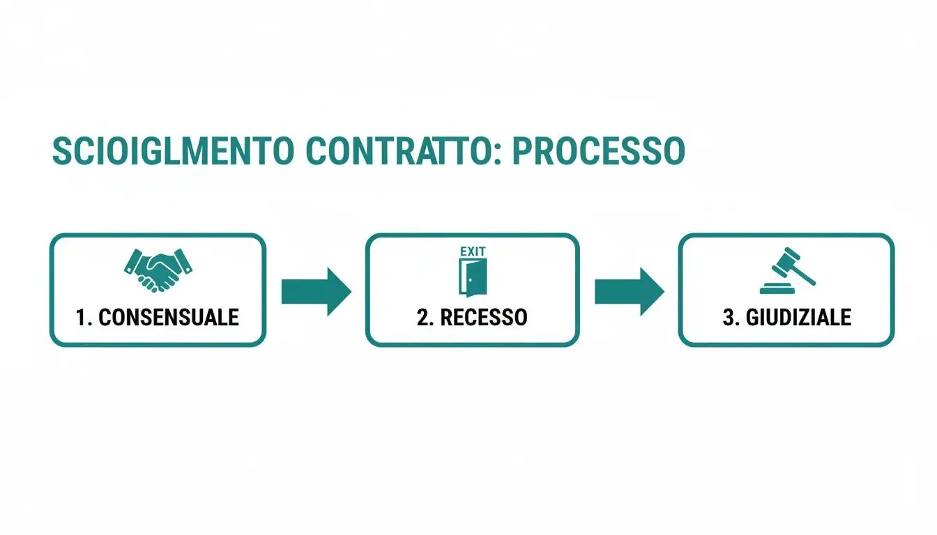 Diagramma di flusso che illustra i tre processi di scioglimento di un contratto: consensuale, recesso e giudiziale.
