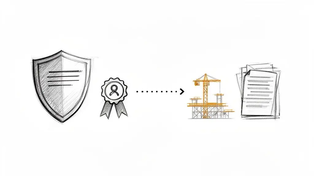 Disegno che illustra la connessione tra protezione, certificazione, costruzione edile e documentazione legale.