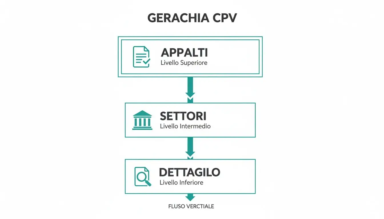 Diagramma della gerarchia CPV che illustra i livelli superiore (appalti), intermedio (settori) e inferiore (dettaglio) con flusso verticale.